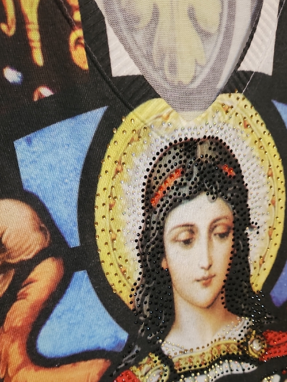 Stained Glass Design Rhinestone Embellished Religious Icon Lightweight Sweater S - Picture 2 of 6
